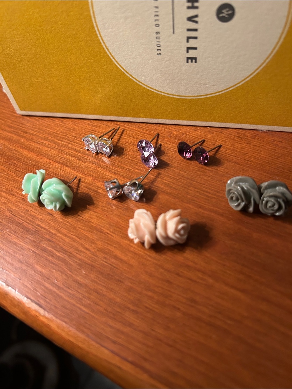 Mixed Stud Earrings (7 Sets)- Flower and Crystal Studs in Mint, Blush, Purple.